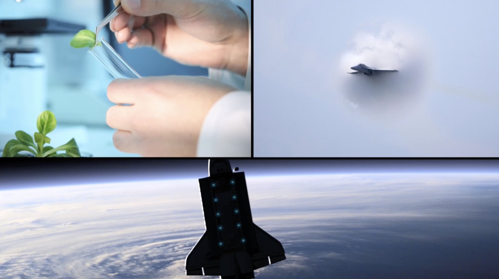 Montage of a plant, a jet and a rocket over Earth from an Intel campaign